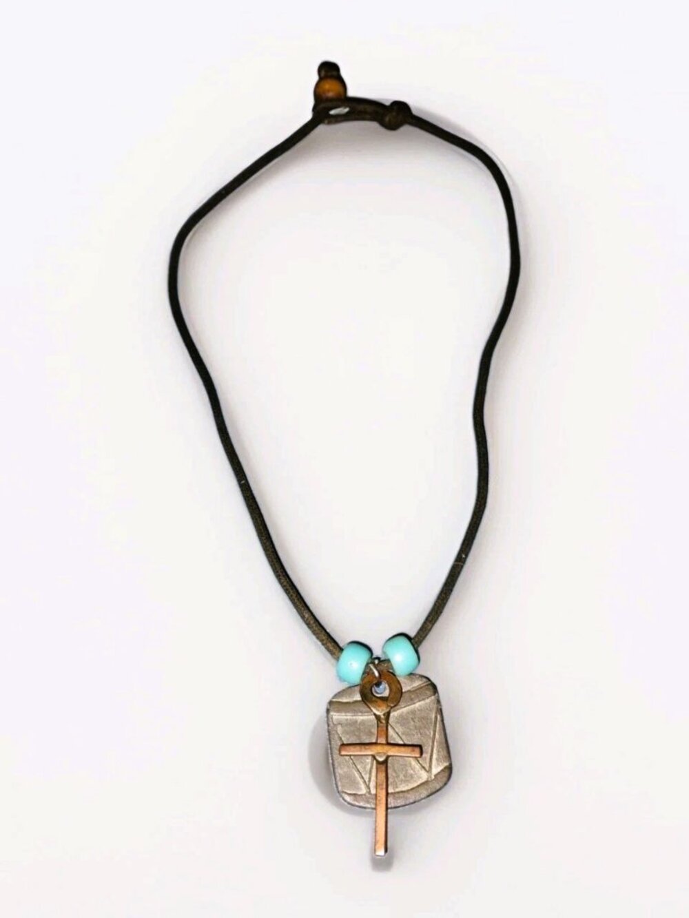 Native American Navajo Turquoise Beads Drums Cross Leather Necklace